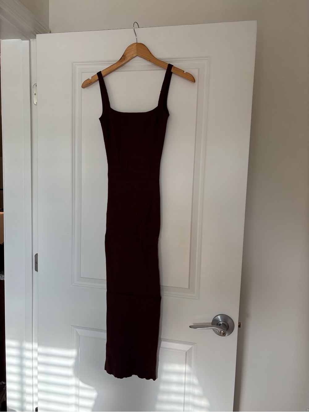 Zara ribbed body fitted stretch Midi Dress in Dark Brown